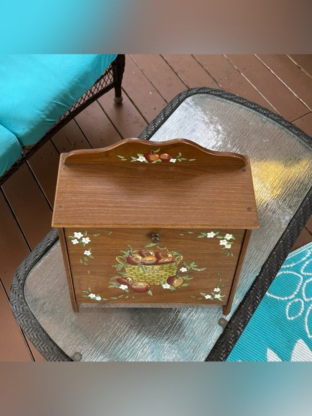 Vintage Farmhouse Apple Basket Faux Wood Drop Front Cottage Bread Box - Picture 3 of 6